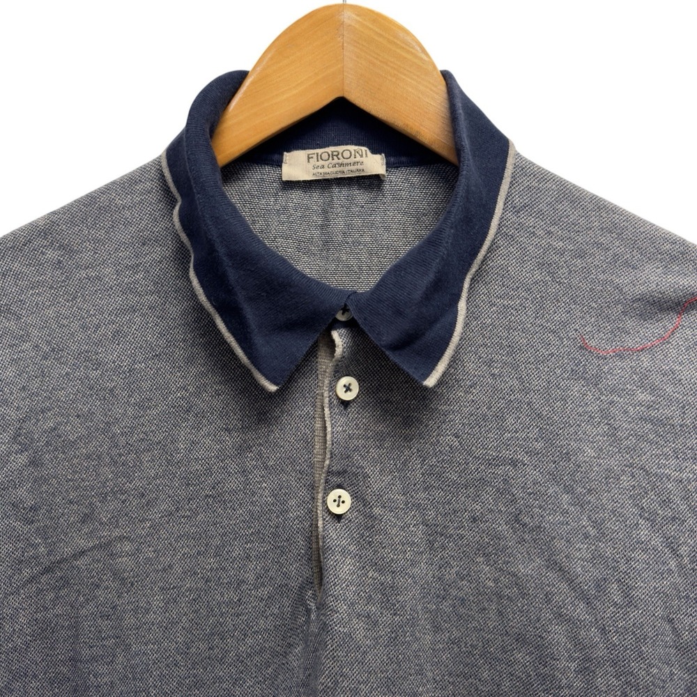Fioroni Men's Sz 52 Sea Cashmere Cotton Knit Gray/Blue Short Sleeve Sweater Polo